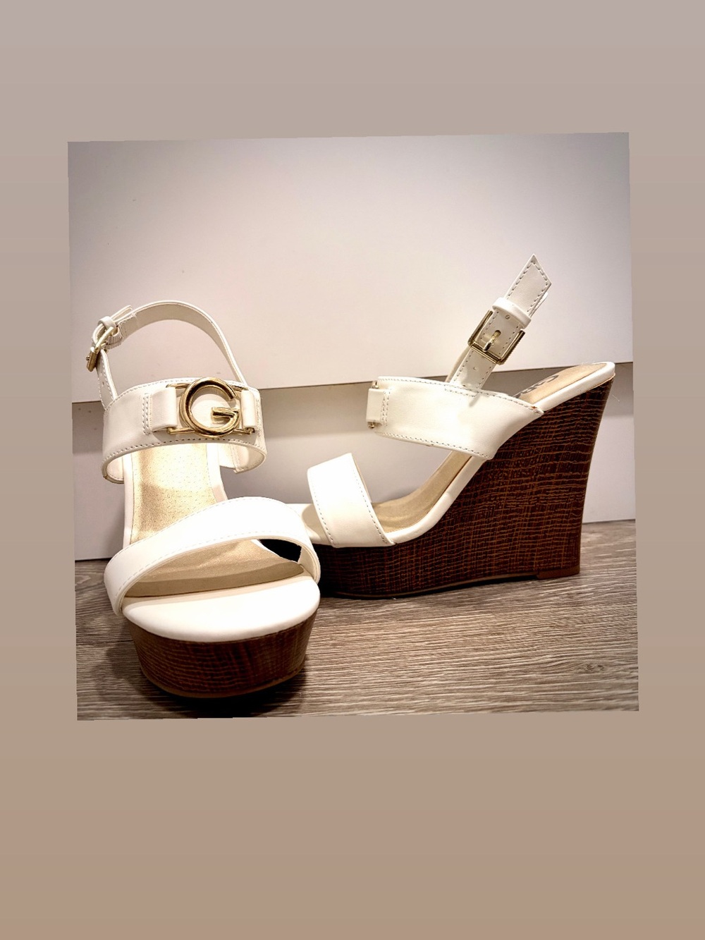 G by Guess White Platform Wedge Sandals with Gold G Accent